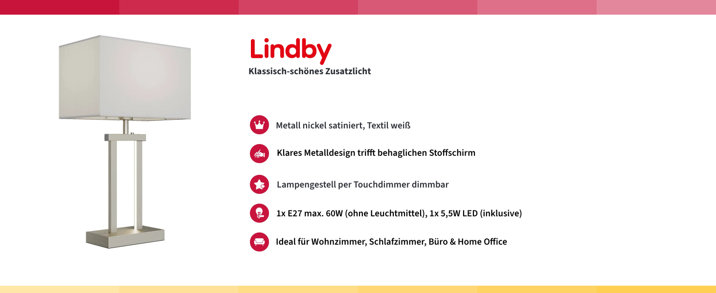 Настільна лампа Lindby LED з регулюванням яскравості, білий тканинний абажур, 2 джерела світла, для спальні та вітальні