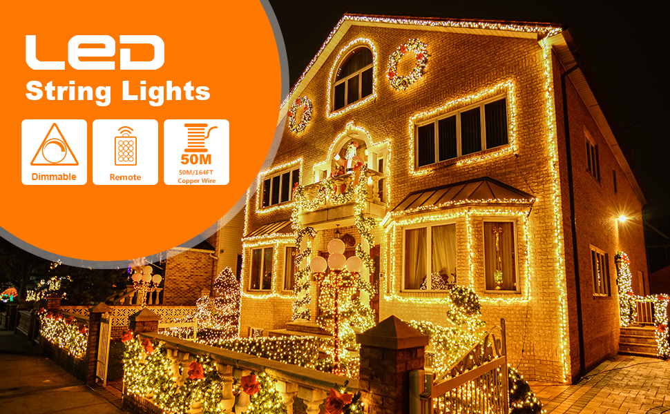 LED гірлянда на 50 метрів з 500 LED, мідний дріт, зірочки, димування, пульт, вологостійка, для саду, тераси, кімнати, святкова прикраса