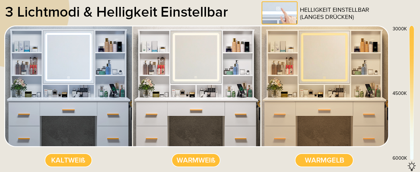 Дзеркальний туалетний столик Belife з підсвічуванням та 7 висувними ящиками, розеткою та 3 кольорами світла для спальні V5