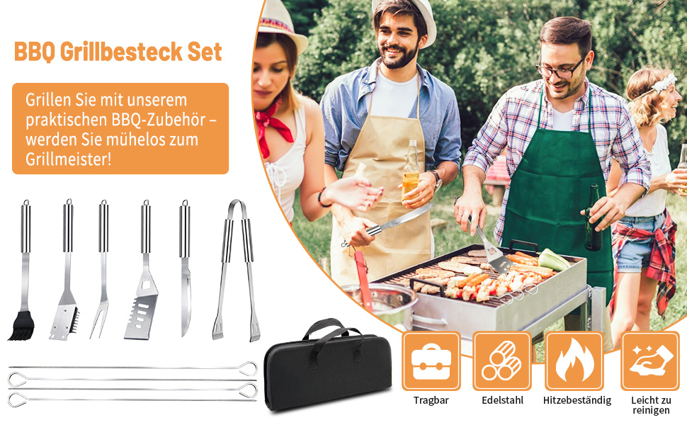 Набір гриль-посуду, 28 предметів, нержавіюча сталь, професійний аксесуар для грилю з сумкою, подарунок на день народження/Новий рік для чоловіків, для саду та кемпінгу, BBQ (срібний)