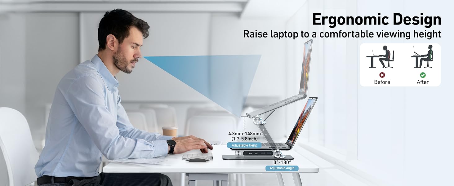 Підставка для ноутбука BENFEI з док-станцією 7-в-1 USB-C: HDMI 4K@60Hz, SD/MicroSD, Power Delivery 100W, USB 3.2 10Gbps для MacBook Pro/Air, iPad Pro, XPS, ThinkPad