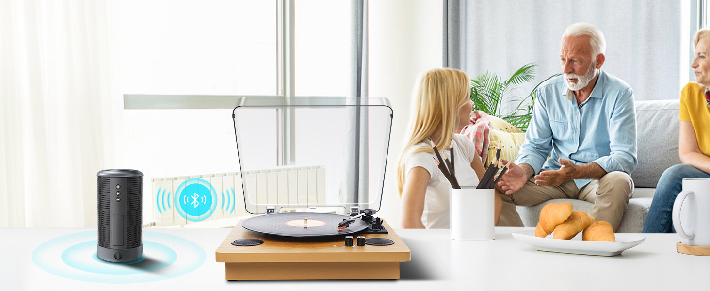 Програвач вінілових платівок VIFLYKOO з Bluetooth, стереодинаміками, 3 швидкості, ретро-дизайн, підтримка конвертації вініл-у-MP3, AUX, RCA, вихід для навушників