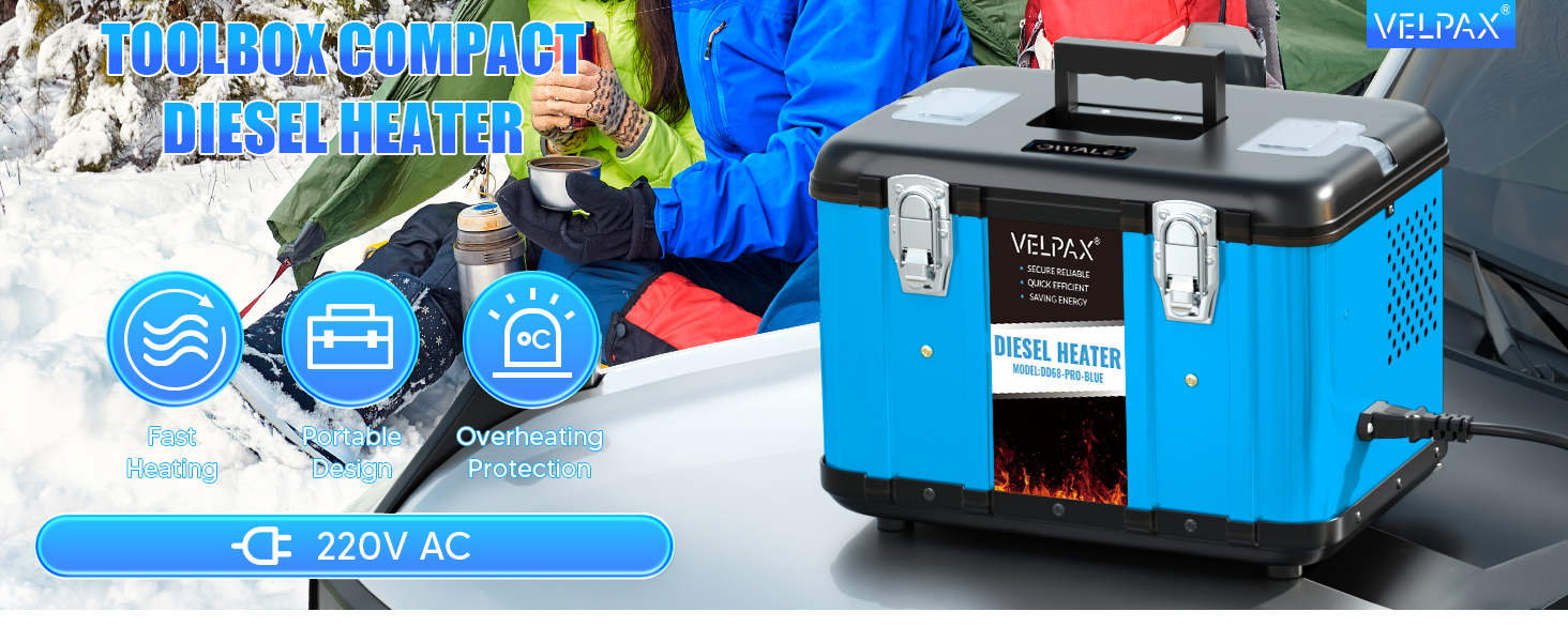 Автономний дизельний обігрівач VELPAX All in One 8кВт, 12V/24V/220V з Bluetooth, LCD-дисплеєм та пультом керування для кемпера, автобудинку та причепа