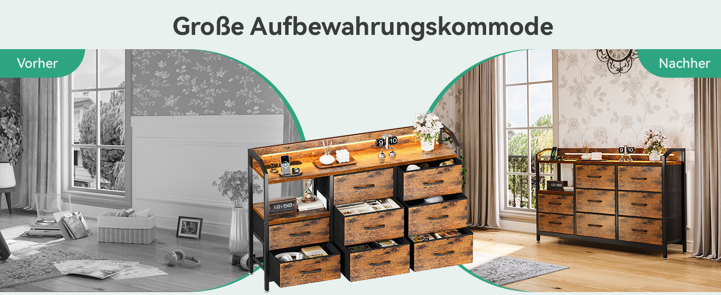 Комод ODK з висувними ящиками та LED-підсвіткою, 10 кольорів, 2 USB та 2 розетки, 8 тканинних ящиків, для вітальні/спальні, 110x30x88 см, вінтажний стиль