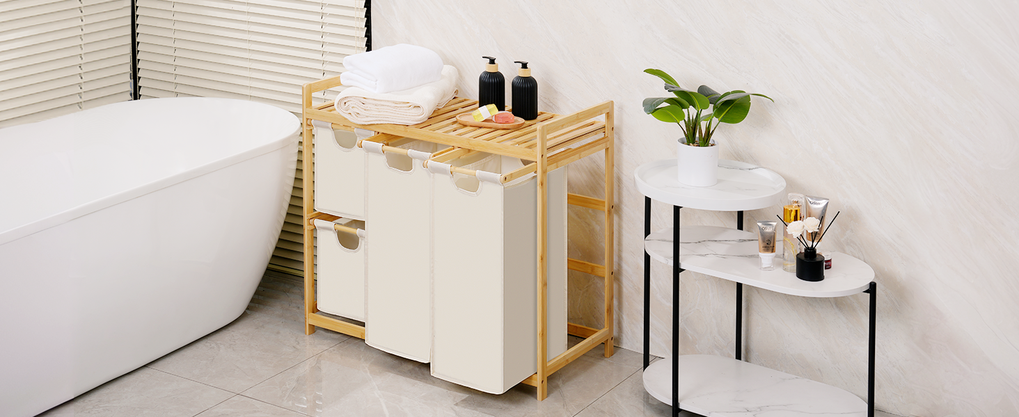 Бамбуковий кошик для білизни iEGrow з 4 відділеннями (150л), з полицею для брудної білизни, Oxford-тканина, 2 x 50л, 2 x 25л, бежевий