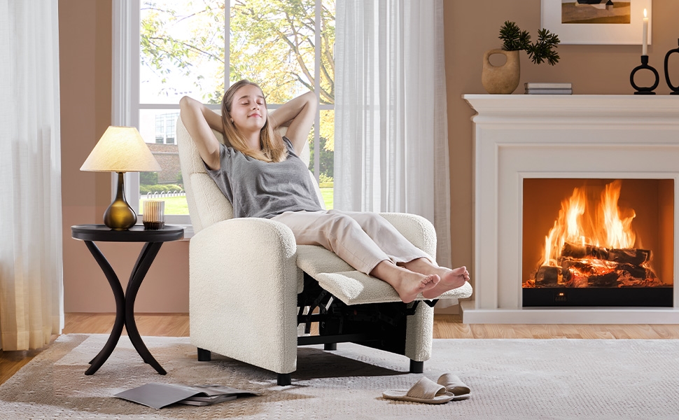 Крісло-релакс Yaheetech з регульованою підніжкою, крісло для телевізора, крісло-ліжак з тканини Boucle, колір слонова кістка