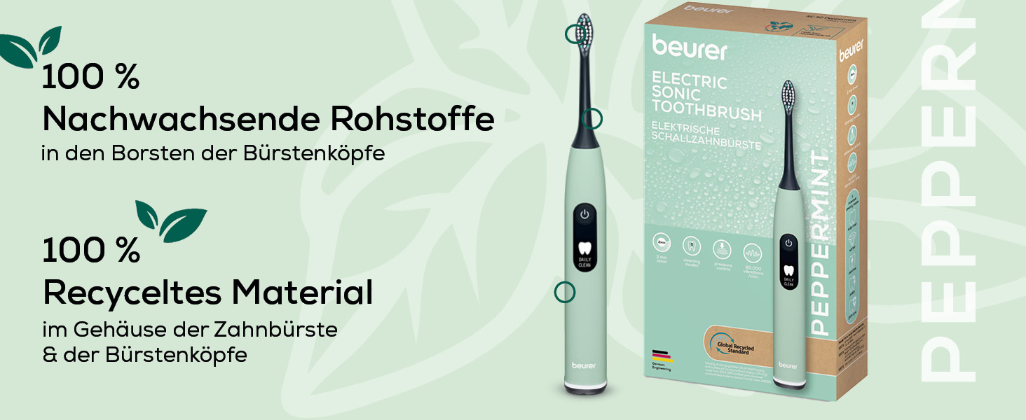 Електрична зубна щітка Beurer SC 30: 4 режими чищення, 80 000 коливань, таймер, індикація LED, 2 насадки, корпус з переробленого пластику (М'ята)