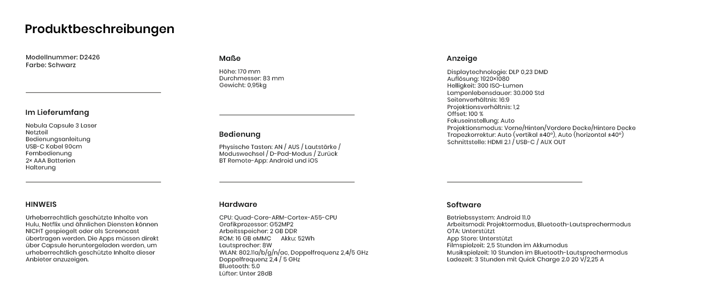 NEBULA Capsule 3 Laser GTV: Міні-проектор з лазером, 1080p, 300 ANSI Lumen, Wi-Fi, Dolby Digital, Автофокус, 120 дюймів, 2.5 години роботи від акумулятора