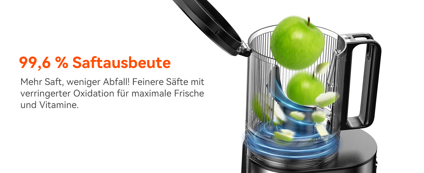 Шовковий відцентровий соковичавник - переможець тесту, для цілих овочів та фруктів, 130 мм завантажувальний отвір, 1.8л, BPA-free, 250W, функція зворотного ходу, легке очищення, нержавіюча сталь, чорний
