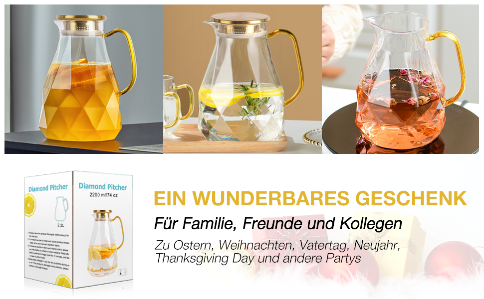Скляна карафа Yirilan 2.2L з кришкою, 74 унції - для води, напоїв