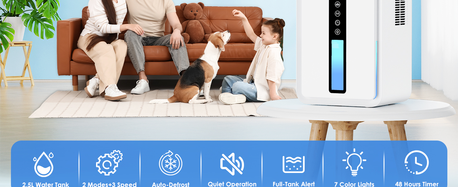 Електричний осушувач повітря 2500 мл, 3 швидкості, 2 режими, таймер 48 год, авто-стоп, захист від замерзання, для спальні та ванної кімнати