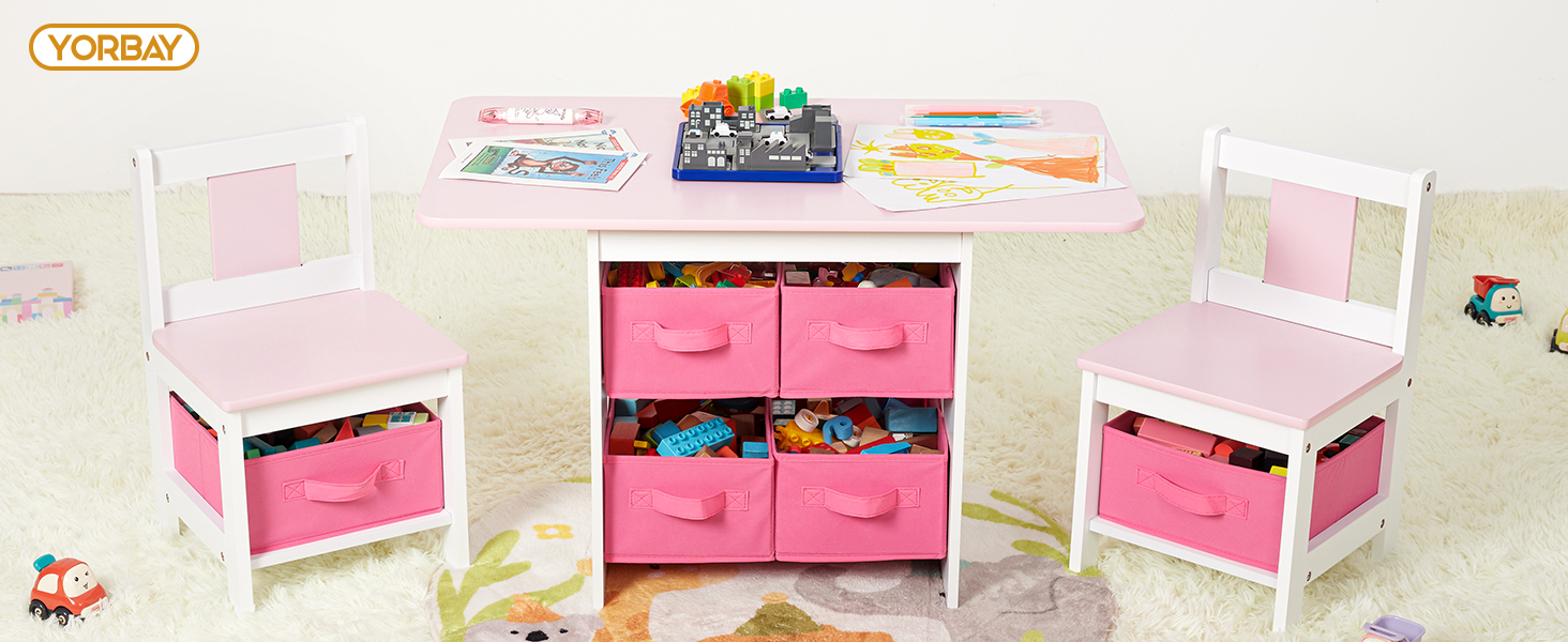 Дитячий стіл Yorbay з 2 стільцями, активний стіл для дітей з місцем для зберігання, комплект меблів для дітей (3 шт.), стіл для малювання в дитячій кімнаті, ігровий куточок, дитячі меблі (білий/рожевий)