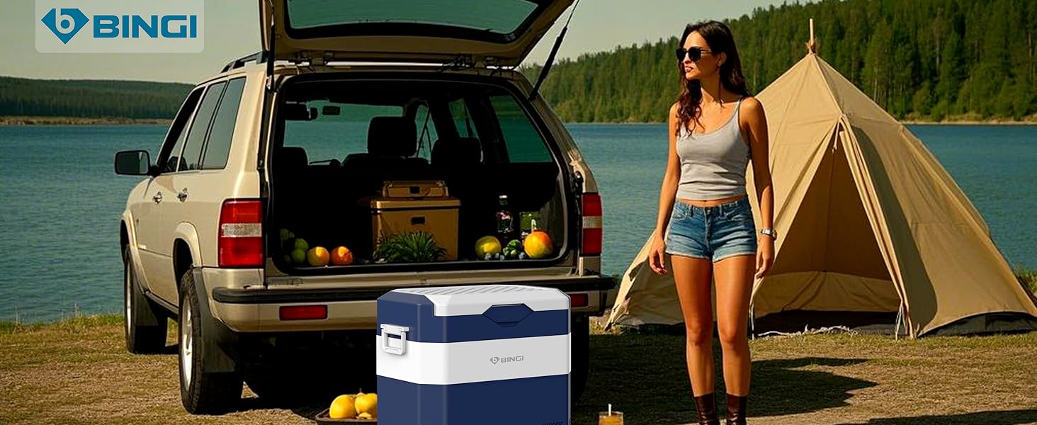 Автохолодильник BINGI 18л портативний 12/24V, 230V з функцією морозильника (-18°C до 15°C) для авто, кемпінгу, дому (синьо-білий)