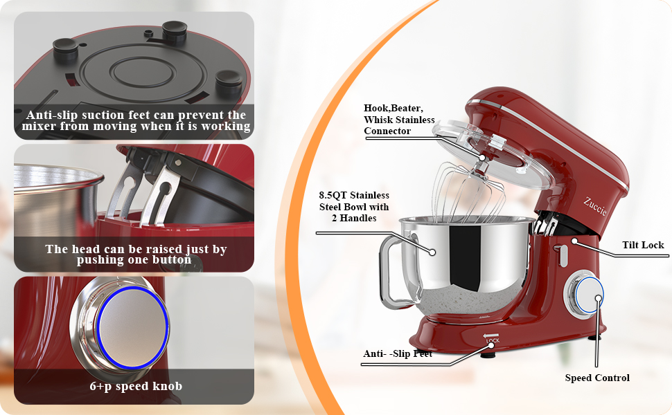 Кухонна машина Zuccie з тихою роботою, місткістю 5л, з нержавіючою сталевою чашею, 3 насадки, захист від бризок, скребок для тіста та роздільник яєць, 8+ швидкостей