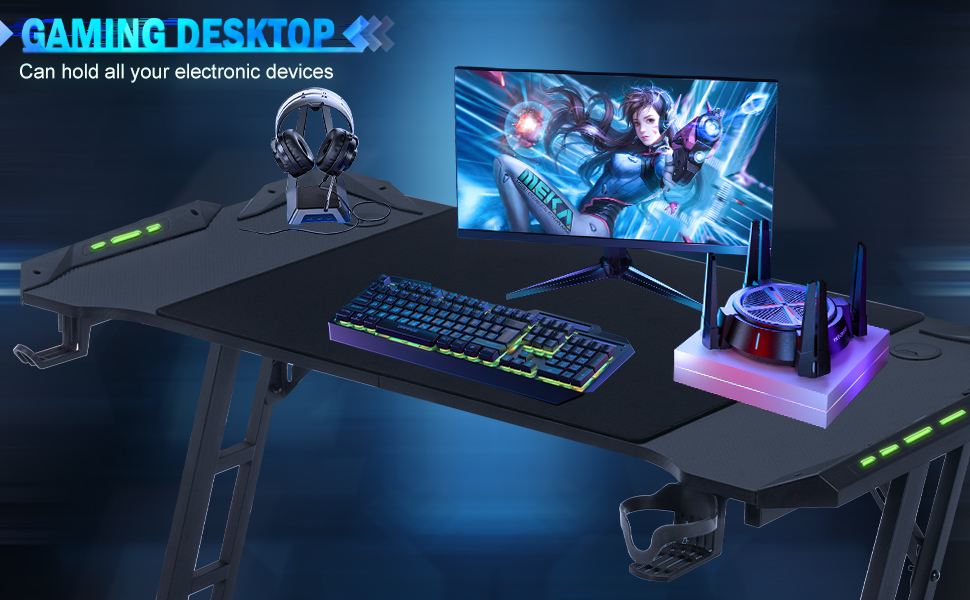 Ігровий стіл 120x60 см з LED Z-подрофкою, карбоновим покриттям, тримачем для напоїв та гачком для навушників. Стабільний та ергономічний стіл для геймерів та офісу.