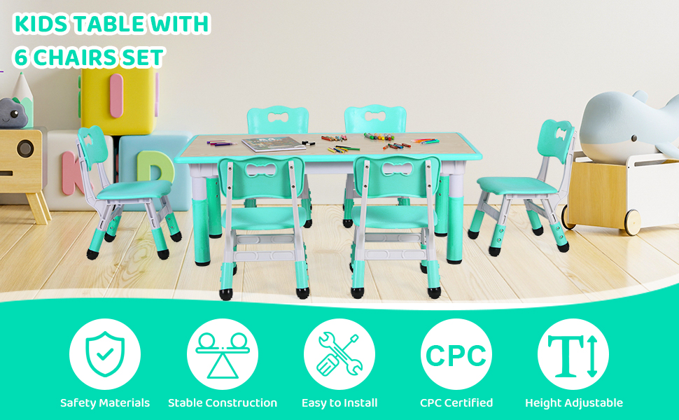 Дитячий стіл з 6 стільцями - комплект меблів для дитячого садка та кімнати, регульована висота, пластик, для хлопчиків та дівчаток (м'ятний)