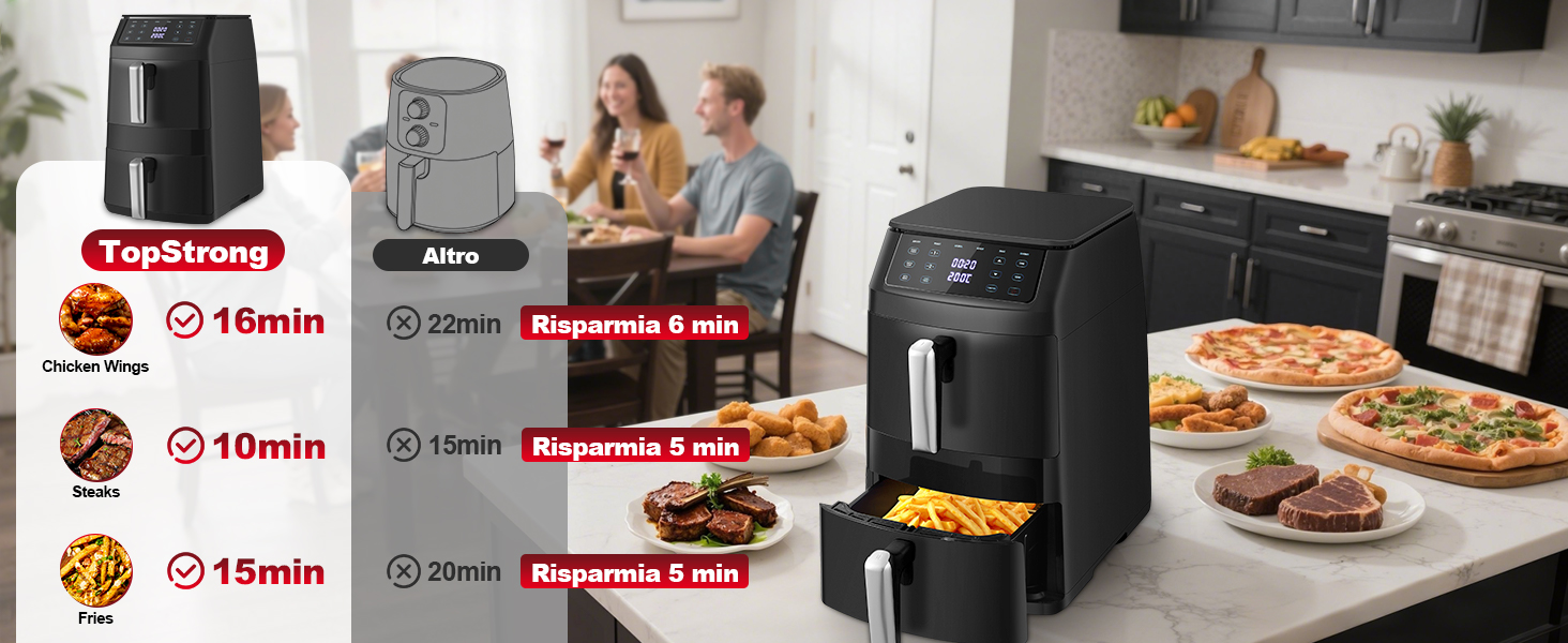 Аерофритюрниця TopStrong з двома камерами 11л, 2500W, вертикальна мультипіч з вікном, 6 функцій, чорна