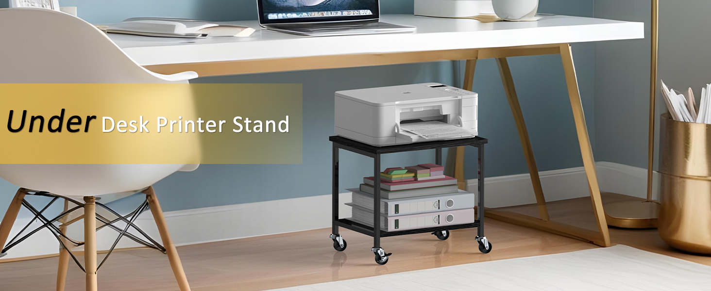 Двоярусний стіл для принтера з роликами, 30x42x37 см, дерев'яний та металевий, мобільний, для офісу та вітальні, чорний