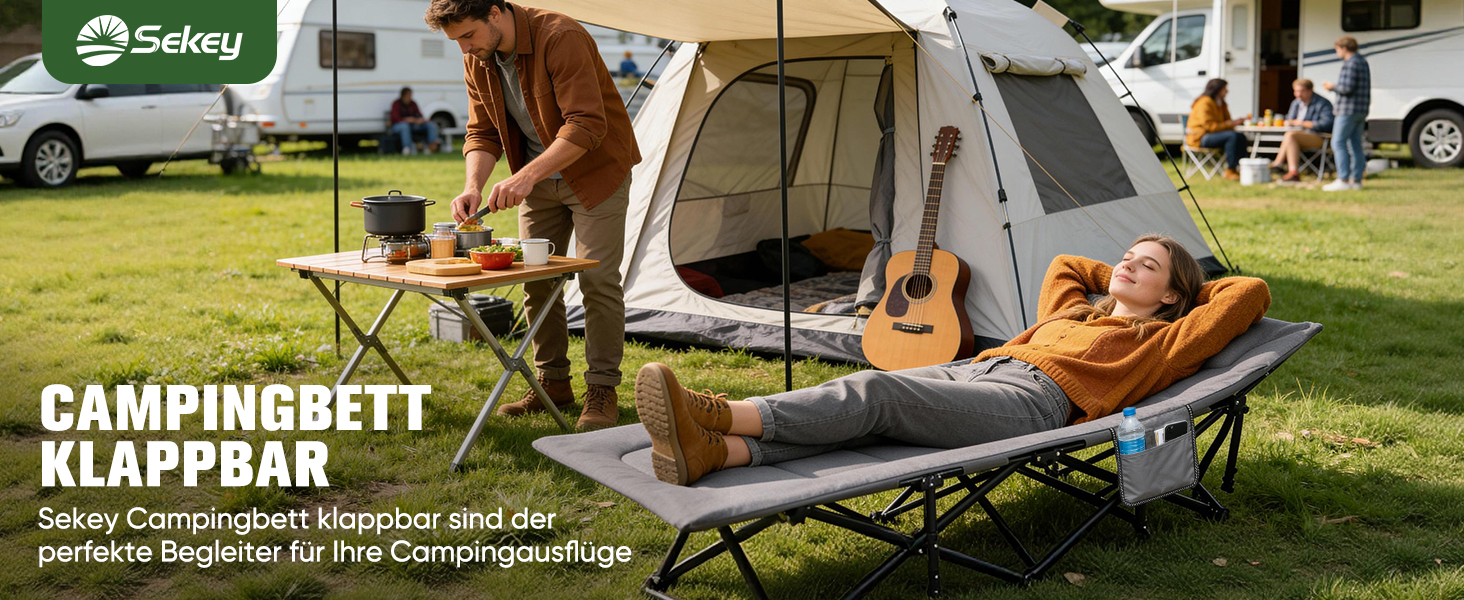 Складане кемпінгове ліжко Sekey з матрацом та бічною кишенею, 190 x 71 x 36 см, поширена шезлонг-ліжка для відпочинку на природі, в саду, на фестивалях та в подорожах