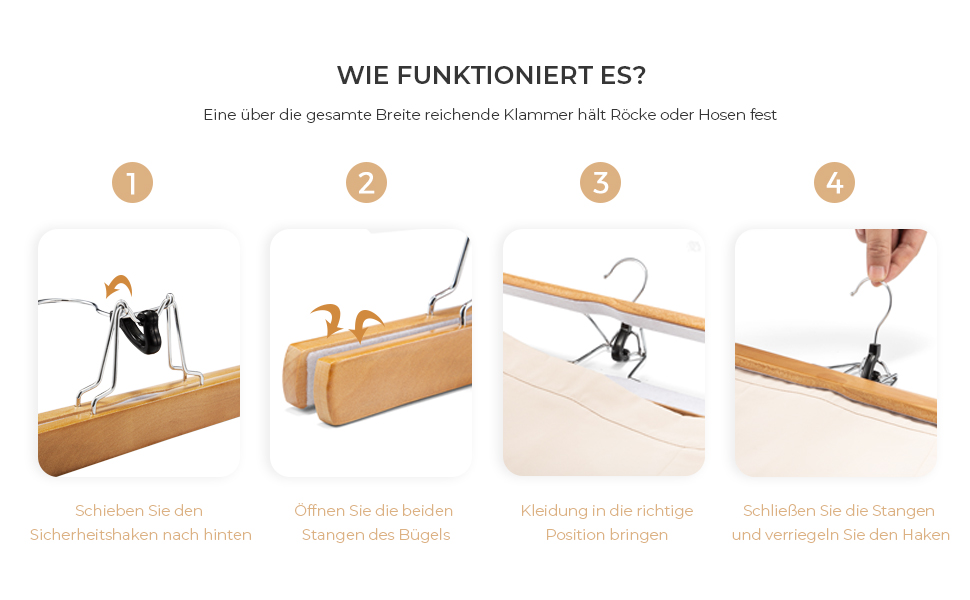 Дерев'яні вішалки для штанів та одягу House Day: 25 вішалок для спідниць, 11 для штанів, білі, з кліпсами, 360° обертання, 35,5 см (натуральне дерево)