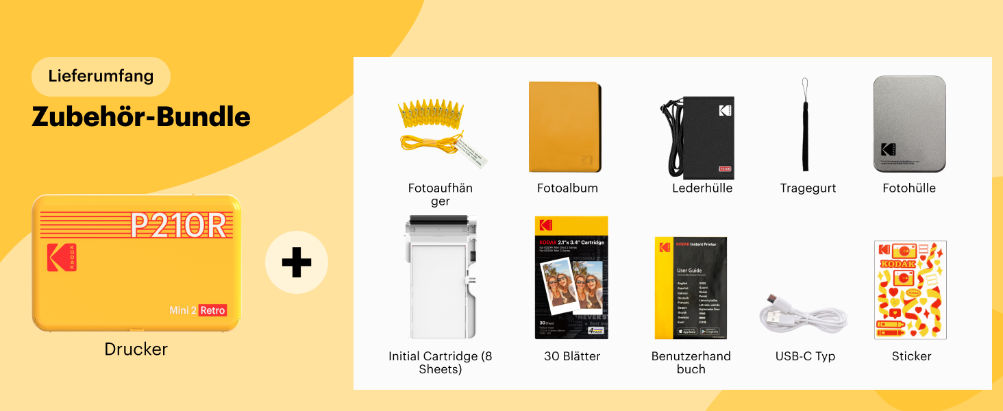 KODAK P210 Mini 2 Retro: Портативний кольоровий фотопринтер, Bluetooth, 54x86 мм, Laminierung, 6 картриджів, 38 аркушів