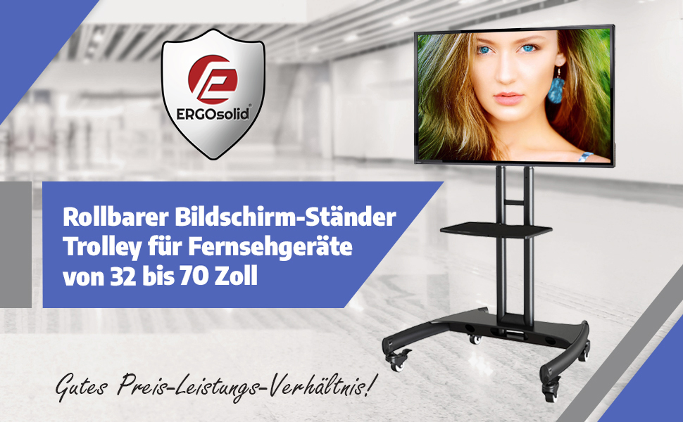 Підставка для телевізора Ergosolid AVA1500B на колесах, чорна, до 45.5 кг, регульована для LCD/LED/Plasma
