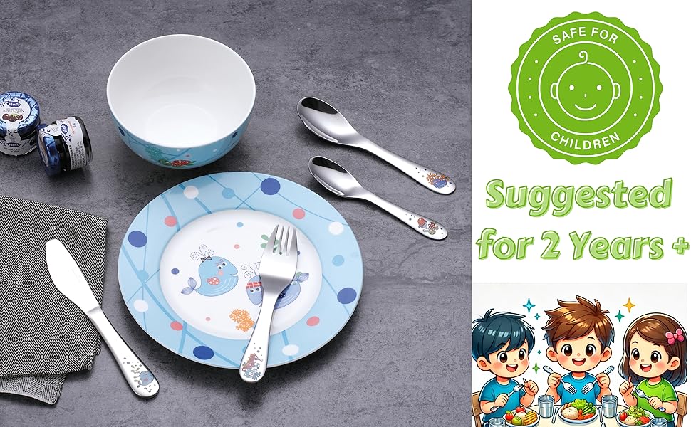 Набір дитячого посуду Exzact з нержавіючої сталі (6 шт.) - миска, тарілка, ніж, виделка, ложка для чаю, столова ложка - подарункова коробка