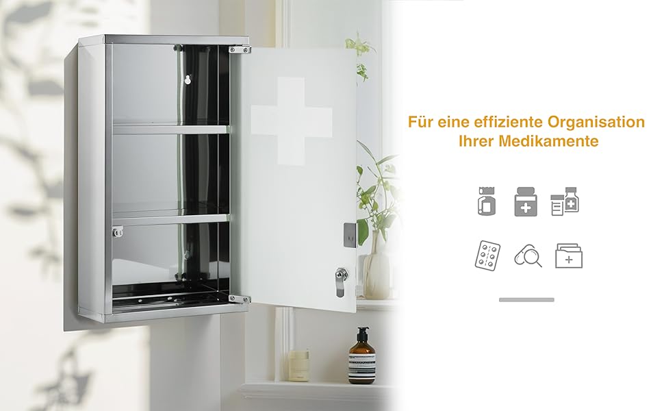 Медичний шкаф Zedelmaier з нержавіючої сталі, 4 відділення, аптечний, для ванної кімнати, з можливістю підвішування, закривається на замок, 57 x 27 x 12 см, білий