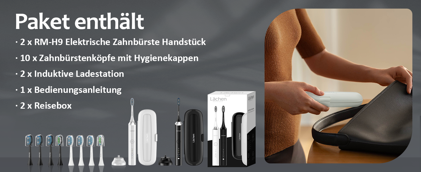 Електрична зубна щітка Lächen RM-H9, набір з 2 шт. (біла та чорна) + 10 насадок, 5 режимів, з кейсами для подорожей