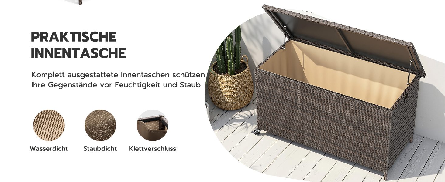 Водонепроникний ящик для зберігання Gartenbox з коліщатками 310л, коричневий 138x61 см для саду та балкону