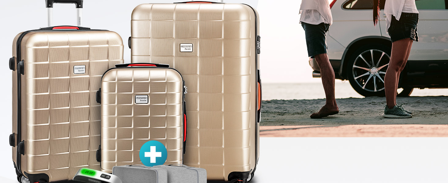 Чемодан набір Monzana® 3шт з TSA замком, вагами, органайзером, гелевими ручками, подвійними колесами, валіза-тролей, жорсткий корпус, M-L-XL, колір шампань