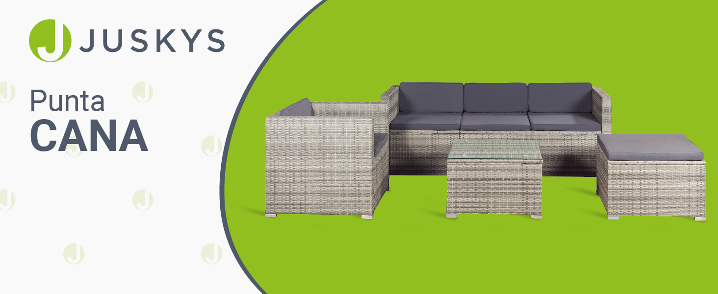 Садовий набір меблів Juskys Polyrattan Punta Cana для 4-5 осіб: диван, крісло, пуф, стіл, подушки - Чорно-сірий (меланж / темно-сірий)