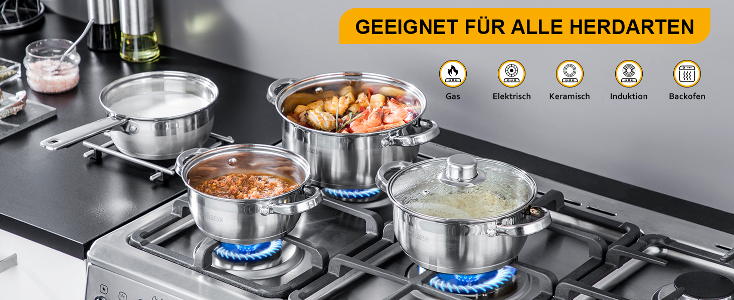 Набір каструль Velaze 7-ка з нержавіючої сталі, з кришками, індукційні, PFOA free, для всіх плит, сріблясті