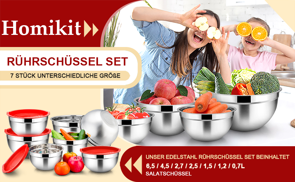 Набір мисок Homikit з нержавіючої сталі: для приготування, випічки та сервірування. 6.5/4.5/2/2.5/1.5/1.2/0.8 л (Червоний, 7)