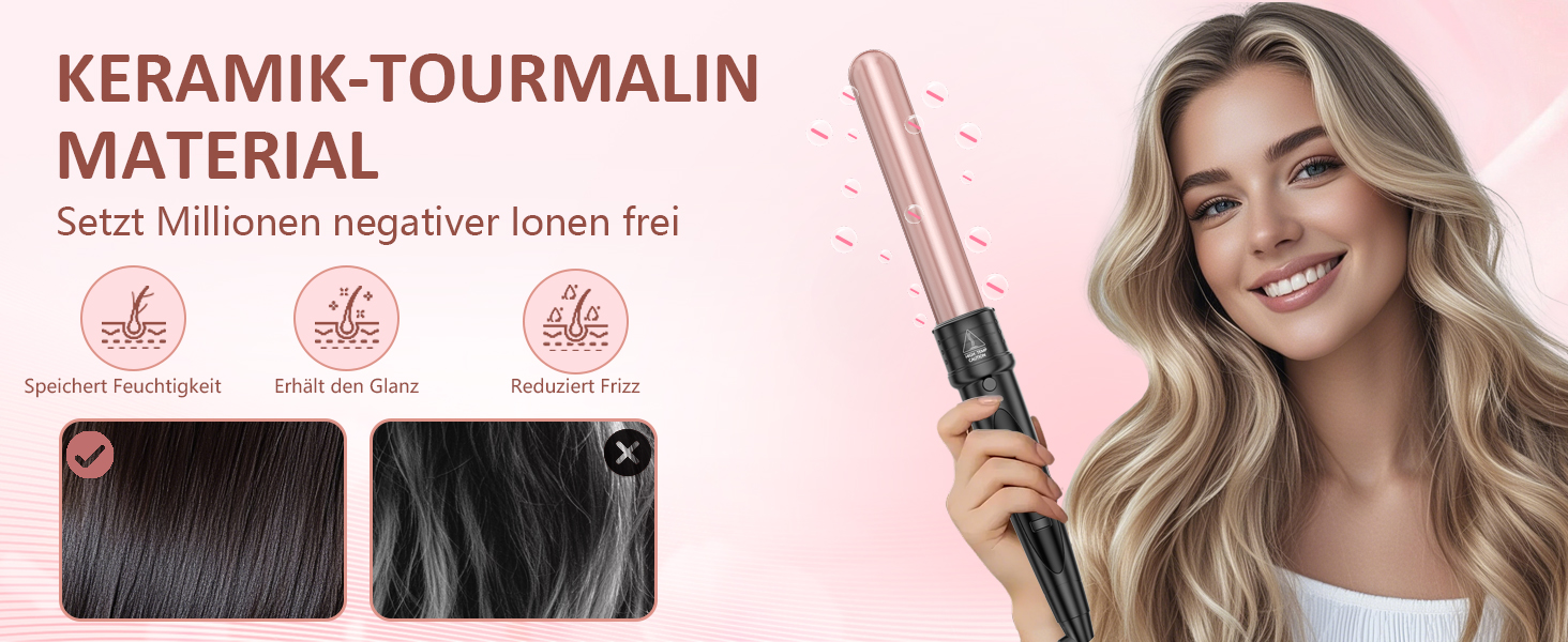 Локшик для волосся NWOUIIAY 6 в 1 з LCD-дисплеєм, керамічне покриття, мультифункціональний, змінне насадки, для великих та маленьких локонів, рукавички, регулювання температури, рожевий