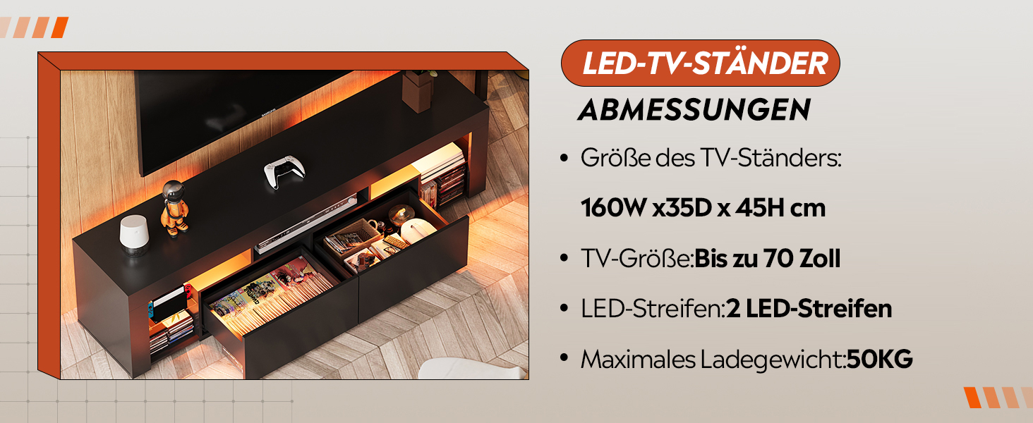 Тумба під телевізор WLIVE з LED підсвіткою, для ТВ до 70 дюймів, чорна, 160x35x45 см