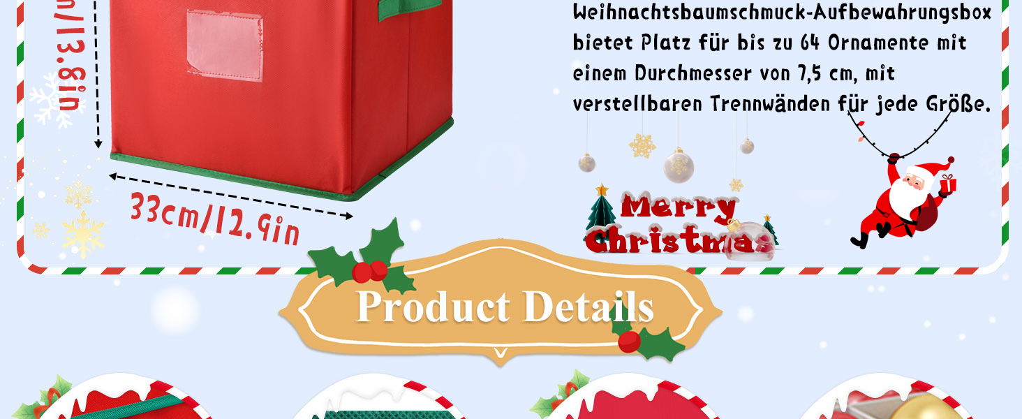 Коробка для зберігання новорічних прикрас VITEVER з регульованими перегородками, 64 кишеньки, 32x32,5x33 см