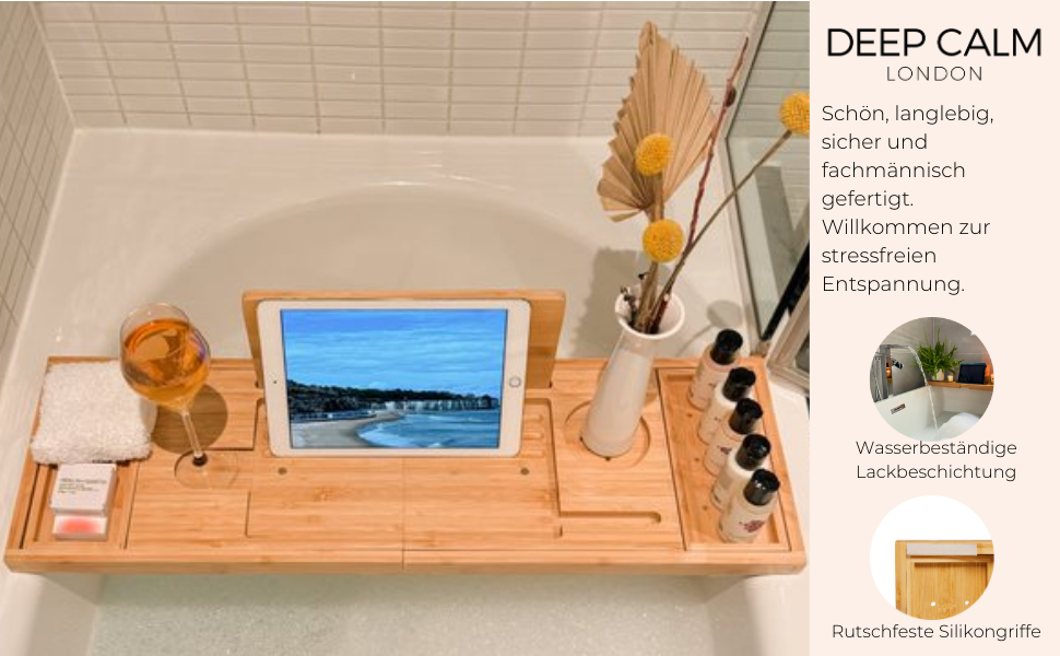 Підставка для ванни Deep Calm - регульована бамбукова підставка - антиковзаюча підставка для ванни. Підходить для більшості ванн. Місце для книги, iPad, телефону, склянки, свічки (натуральний бамбук)