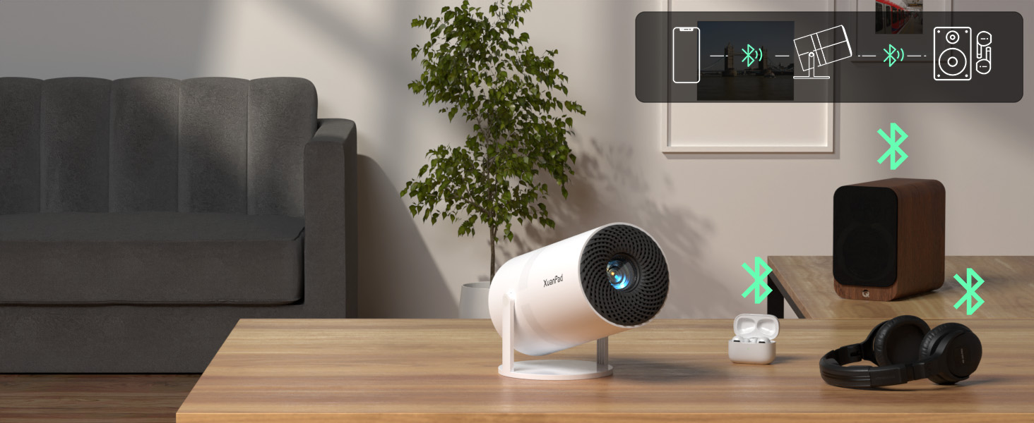 XuanPad Проектор з WiFi та Bluetooth, 30000L, 1080P, Автофокус AI, Поворотний на 210°, Автоматична корекція Keystone, Система видалення пилу та охолодження, Сертифікований Netflix