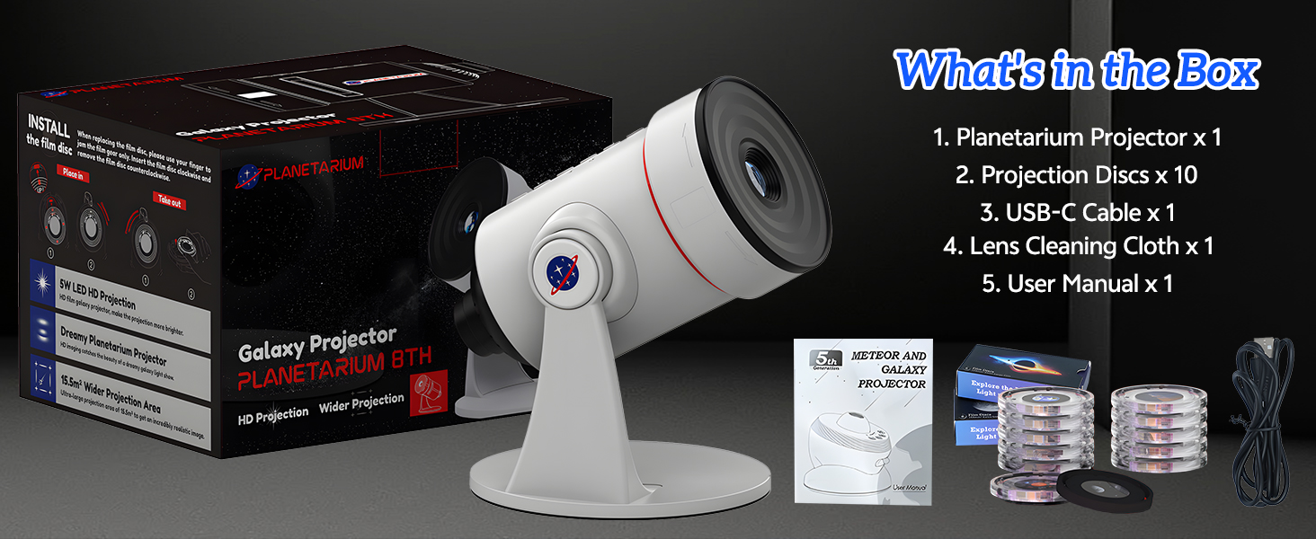 Проектор-планетарій QKTYB: Нічник-проектор зоряного неба 4K HD з 360° обертанням, таймером та дисками планет для дітей та дорослих, білий