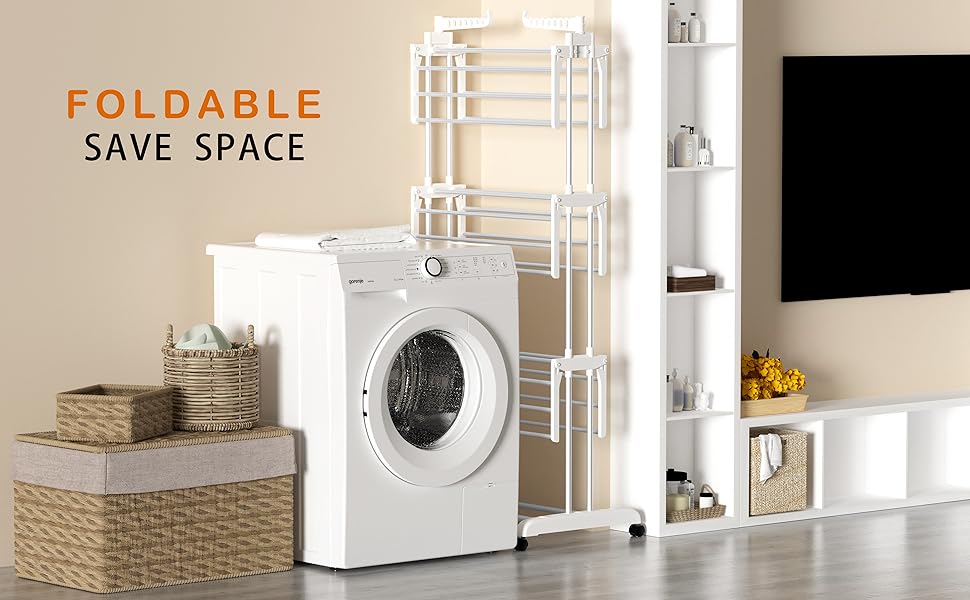 Сушарка для білизни SIMPDIY вертикальна баштового типу, розкладна сушарка з 6 крилами та 2 бічними панелями на колесах для дому та вулиці, біла