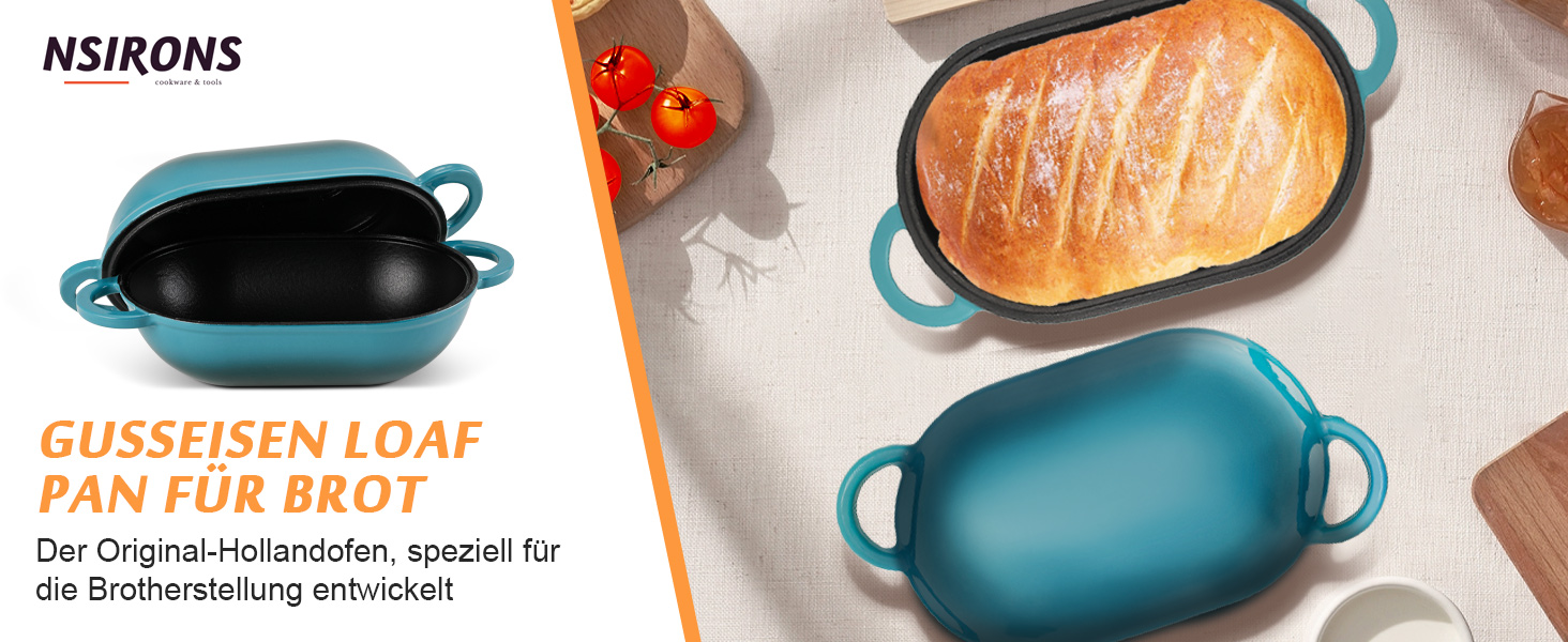 Форма для випікання хліба з кришкою Gusseisen, 23 см, емальована чавунна форма, 2.75 л, для випікання хліба, жаровня з кришкою, сумісна з духовкою (перехідний колір блакитно-зелений)