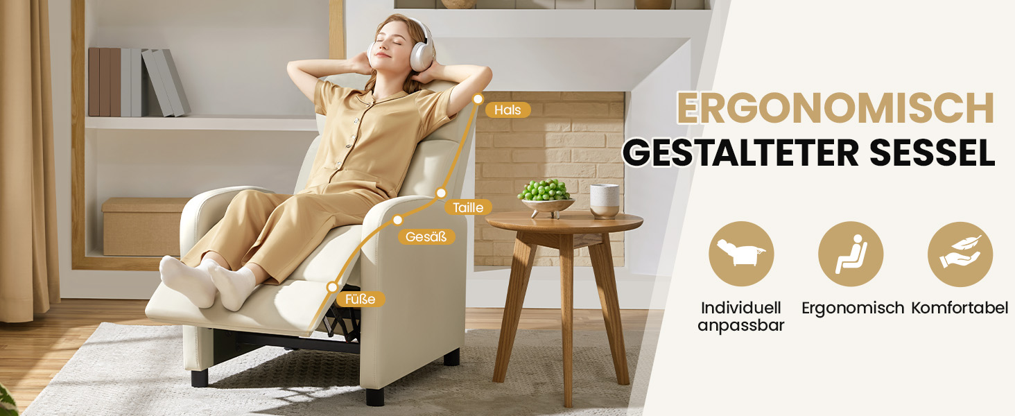 Крісло-релакс Yaheetech з регульованою підніжкою, крісло для телевізора, диван-крісло, крісло для відпочинку (Бежеве, штучна шкіра)