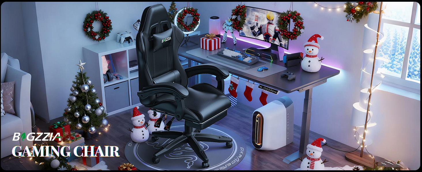 Ігровий крісло Bigzzia з масажем та підніжкою, ергономічний, регульована спинка 90-135°, чорний