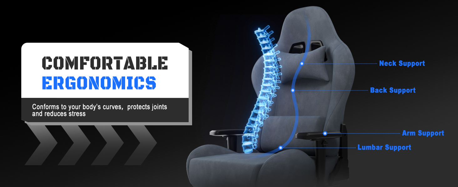 Ігровий крісло JUMMICO з тканини, офісне крісло з масажем, ергономічний офісний стілець, регульовані підлокітники, 90-180° нахил, 200 кг, сірий