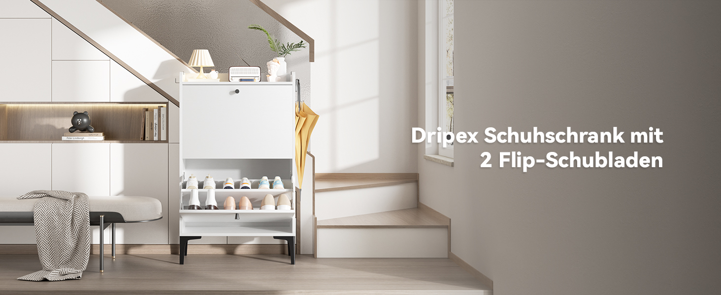 Взуттєва шафа Dripex, вузька, з 2 відкидними ящиками, 80x24x100 см, білий | Взуттєва шафа для прихожей, вітальні, веранди