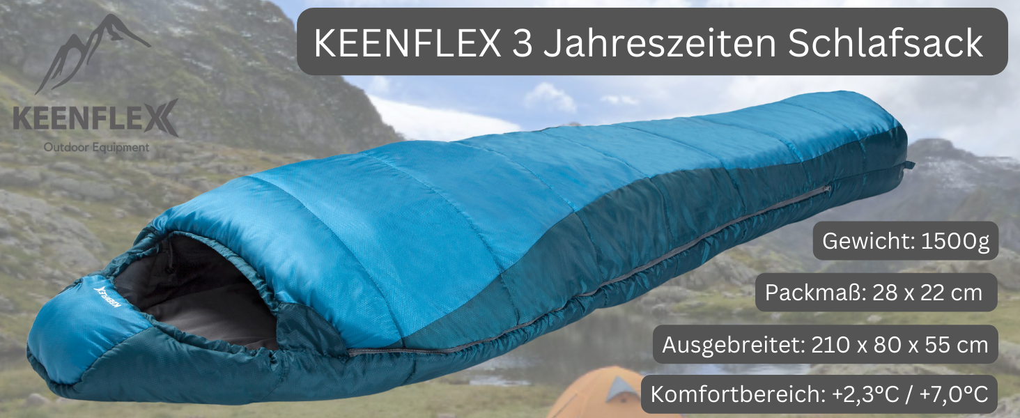 Спальний мішок KeenFlex 3-4 сезони, від +7.2°C до -23.4°C, 1500г/2150г, для літа й зими, для туризму, машинне прання