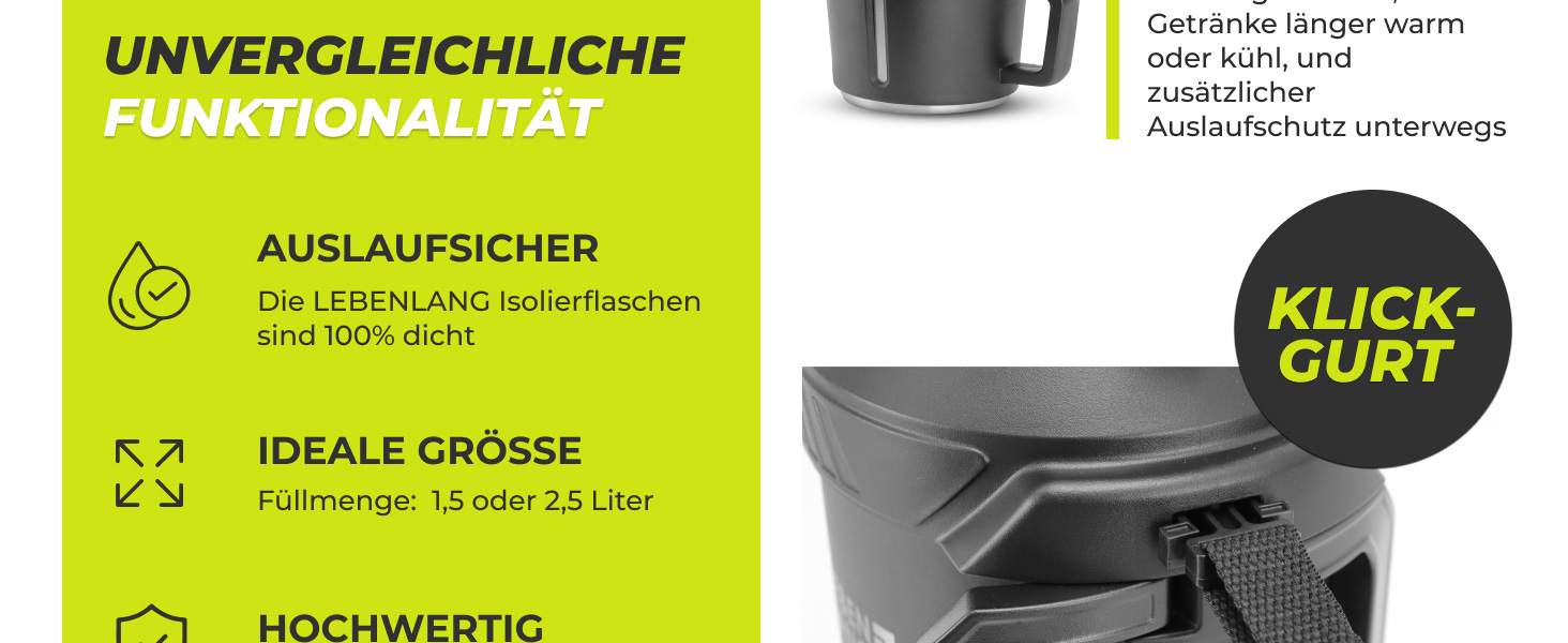 Термос LEBENLANG 2,5 л з чашкою, ситом та ремінцем | Нержавіюча сталь, 24 год зберігання тепла | Термокружка, ізотермос, фляга 2500 мл