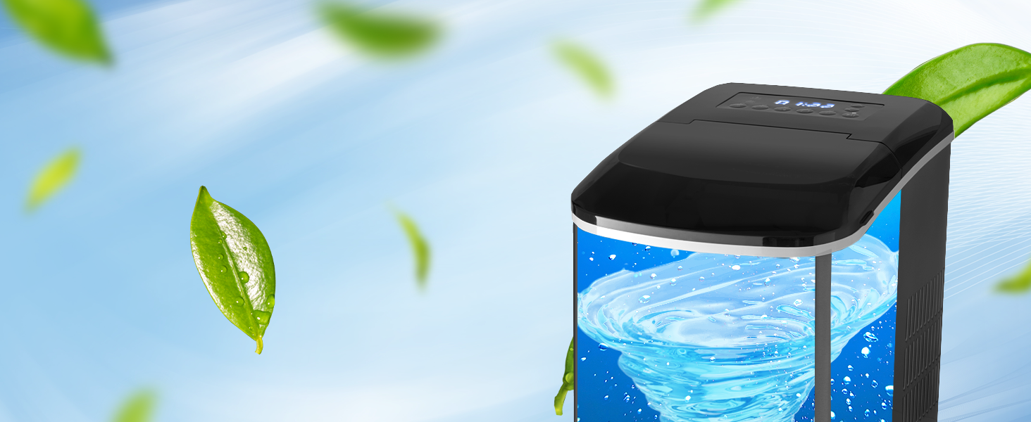 Льодогенератор KLAMER компактний з лопаткою, 2 розміри льоду, 10 кубиків за 7 хв, 15 кг/добу, тихий, з таймером, чорний 2.1л