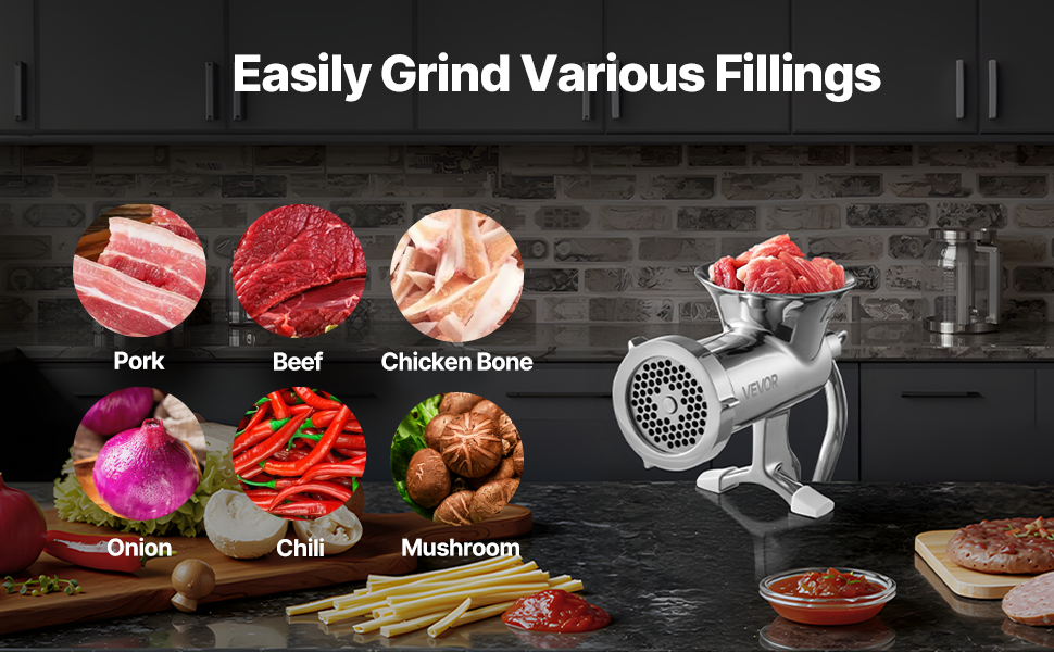 М'ясорубка ручна VEVOR з нержавіючої сталі 304, диски 4.5/8 мм, для фаршу та ковбас, 38 см, срібляста